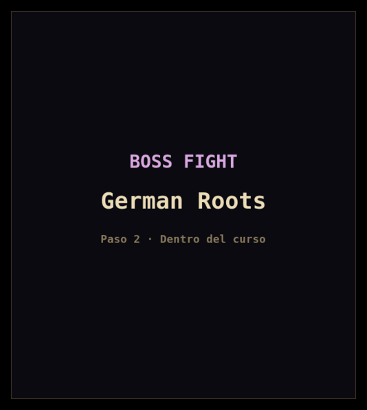 Tres boss fights de la serie Roots en el juego real, cada uno tras su propia tarjeta de título: German Roots, Norman Roots y Greek Roots. La interfaz está en español y las tarjetas están en inglés en todos los pasos. Cada combate llega a la posición de golpe mortal, la pierde por una respuesta equivocada y retrocede dos pasos, vuelve a subir y gana.