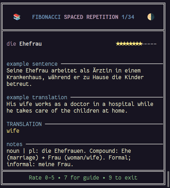 A FlashBoss flashcard for the German word die Ehefrau (wife): a colour-coded target word with mastery stars, an example sentence and its translation, the plain translation, and notes.