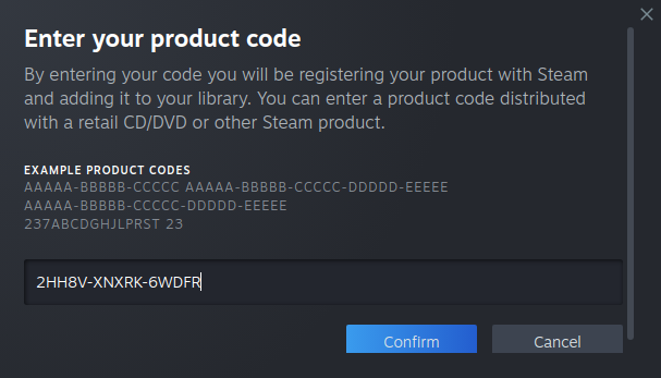 Steam product code entry field