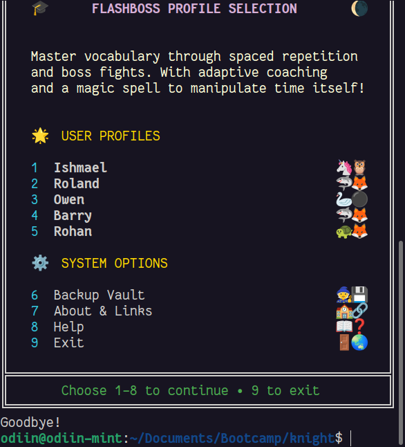 FlashBoss Profile Selection - press 9 to exit
