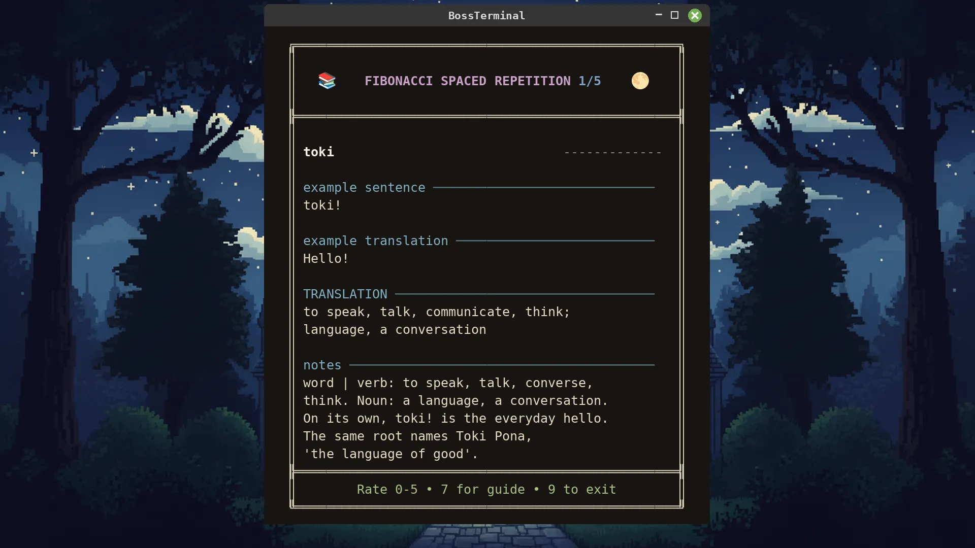 Eine FlashBoss-Lernkarte für Toki Pona auf dem Terminal-Bildschirm: das Zielwort, ein Beispielsatz mit Übersetzung und darunter die Anmerkungen.